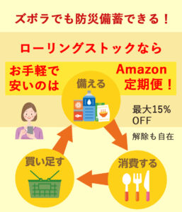 ズボラでも防災備蓄できる！ローリングストックなら、お手軽で安いAmazon定期便！最大15％OFF　解除も自在